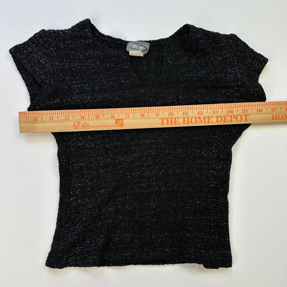 90s Rave Stretch Metallic Knit Top Black V Neck One Size Y2K Party Glam - Picture 5 of 8